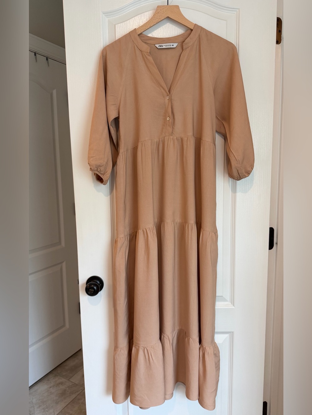 Zara Tan Tiered Maxi Dress with Buttoned V-Neck
